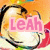 Pixelated image of a person with dark hair and light skin, overlaid with pink text reading "Leah" on a light background.