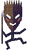 Pixelated cartoon figure with brown mask-like face, white eyes, red cheeks, and dark blue limbs holding a staff in running pose against gray background.