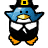 Pixelated blue bird with yellow beak and orange feet wears black outfit, white collar, and black hat with square gold buckle; six variations show different wing positions.