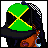 Pixel art contact sheet of a Jamaican-themed animated buddy icon showing multiple frames with a woman in various poses and attire featuring the Jamaican flag colors.