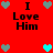 Red background with repeated "I Love Him" text and heart symbols in gray and cyan, showing animation changes between frames.