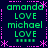 A static digital image with a dark blue background, displaying four identical green text blocks arranged in a . Each block contains the names 'amanda', 'LOVE', 'michael', and five small squares below them