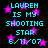 Black background with cyan text reading "LAUREN IS MY SHOOTING STAR 6/11/07" and pink star shapes scattered throughout.