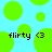 Pixelated green circles float on a cyan background with two identical text blocks reading 'flirty <3' in black pixel font.