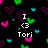 Pixelated black background with colorful heart shapes and white text reading 'I <3 Tori', 'I <3 Mary', 'More than they will ever <3 me' in a retro digital style.