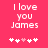 Pixelated text 'I love you James' on bright pink background with five heart symbols below, two versions showing animation changes in heart positions.