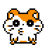 Four pixel-art hamster faces with orange and white fur, black eyes, and varying expressions on a gray background.