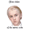Animated sequence showing two characters with changing facial expressions and background variations, each labeled 'Two sides of the same coin' beneath.
