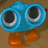 Blue binoculars with orange feet on brown background, one frame shows text "I'm Lookin for you!" over the right lens.