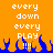 Pixelated orange background with white text 'every down every PLAY' repeated twice, blue flame-like shapes at the bottom, and white vertical bars in the center.