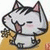 Pixelated cartoon cat with striped head, pink inner ears, and closed eyes, holding a small object against a yellow background.
