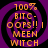 Purple spiral background with orange text reading '100% BITC-OOPS!! I MEEN WITCH' in pixelated font, displayed as a static image.