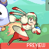 Pixel art character with green hair and red accents running, holding a blue-and-white object, against a light green background.