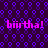 Pixelated purple background with blue circular patterns and repeated pink text 'biirtha! biirtha!' in two