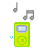 A green music player icon with a blue screen and circular control, surrounded by gray musical notes and colored 'V' symbols in various positions.