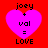 A red background with four identical pink heart-shaped icons, each containing black text reading 'joey + val = LOVE' in a pixelated font.