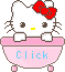 Pixel art of a white cat with red bow peeking over pink bathtub, displaying three distinct expressions and text colors.