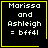 Four identical black square with yellow borders display white pixelated text reading "Marissa and Ashleigh = bff4l"; two have small yellow symbols in the bottom-right corner