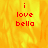 Red text 'i love bella' on a yellow-orange gradient background with a gray on the right