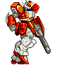 Pixel art robot in red and white armor with orange accents, holding a large gun, shown across six sequential poses on gray background.