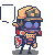 Pixel art character in Roman soldier armor with helmet, shield, and sword holding speech bubbles showing symbols.