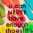 Pixelated image with bold black text reading "U can NEVER have enough shoes!!!" over a colorful abstract background of pink, yellow, green, blue, and orange shapes.