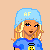 Pixelated character with blonde hair wearing blue cap and shirt, standing against peach background with repeated purple text.