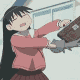 A girl in a pink jacket and brown skirt holds a gray cat and brown briefcase in a sequence of nine animated frames.