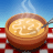 Animated sequence of three identical bowls of steaming soup on a checkered tablecloth with blue sky background.