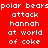 Red background with white pixelated text reading 'polar bears', 'attack', 'hannah at world of coke' arranged in a , some highlighted blue