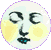Pixelated circular icon with yellow and white background, black and cyan facial features, and two distinct eye shapes in left and right frames.