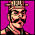 Pixel art portrait of a character with sunglasses, mustache, and bandana against magenta background.