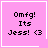 Four pink square with white borders display pixelated text "Omg! Its Jess! <3" and one includes a white heart symbol