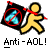 Pixelated static icon showing a yellow stick figure running while holding a black and red shield with blue glowing center, below which is bold text reading "Anti - AOL!" on gray background.