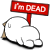 A static image of a white cartoon sheep lying down with a red sign above it reading "I'm DEAD" in white capital letters.