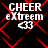 Four identical display white text 'CHEER eXtrem' with a heart symbol over red diamond lattice on black background