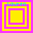 Four identical square icons with yellow and pink concentric borders, cyan text reading 'Lauren' at the top, and a central yellow square on a pink background.