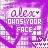 Pixelated purple and white icon with 'alex' text, heart symbol, and 'OWNS YOUR FACE' in block letters over checkmark patterns.