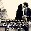 A black-and-white image of a couple kissing on stone steps with a tower in the background, overlaid with text reading "THIS FEELING WILL LAST A LIFETIME I JUST KNOW IT".