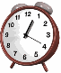 Four-frame animation of a brown alarm clock with gray bells, showing time progression from 1:20 to 1:25 across sampled frames.