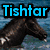 A pixelated image with blue text reading 'Tishtar Angel of Rain' over a dark horse and angel figure.