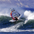 Pixelated static image of a person surfing on ocean waves with a bright sky background, rendered in low-resolution 256x256 pixels.