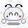 Pixelated white circular character with black antennae, red plus signs on cheeks, and blue outline in four poses showing arm positions changing from side to front.