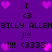 Purple background with repeated pixel art elements including pink hearts, 'I <3' symbols, '!!!', '3333', and partial text 'BILLY ALLEN' in black block letters.