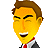 Pixelated cartoon-style icon of a man with brown hair, yellow skin, and a red tie, wearing a dark suit jacket over a white shirt, mouth open in a wide smile.