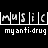 Static black-and-white pixel art icon featuring the word "MUSIC" in segmented blocks above the phrase "my anti-drug" on a solid black background.