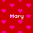 Red background with pink pixelated hearts and white text reading "Mary" in four locations.