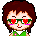 Pixel art avatar with brown hair, green glasses with red heart-shaped lenses, and a green top with white collar, showing multiple facial expression variations.