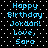Pixelated blue text on black background with white dots, repeating 'Happy Birthday Jordan! Love, Sara' in two