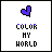 Six pixelated heart icons in purple, blue, green, lime, orange, and magenta display above 'COLOR MY WORLD' text with color-specific letter highlights.